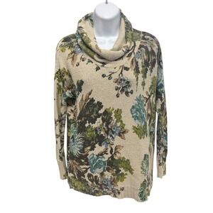 J. Jill Womens Floral Cowl Neck Sweater Tan Green Blue Cotton Blend Small Petite